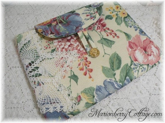 Netbook or tablet sleeve Vintage crochet soft yellow floral cottage roses