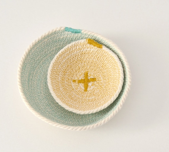 Cotton cord basket aquamarine and mustard – Mediterranean style – Natural home décor – key holder bowl – Bread basket – Beach house decor