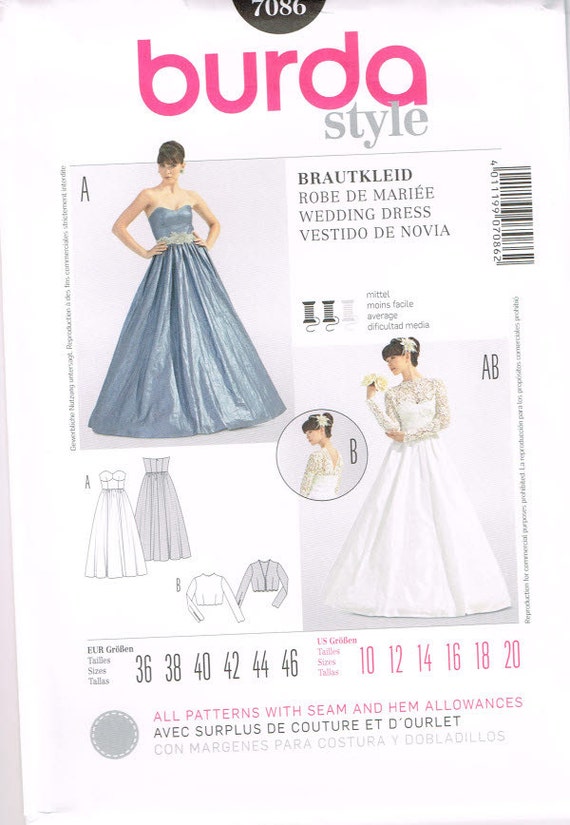 New Burda  Women s Wedding  Dress  Pattern  7086 Uncut