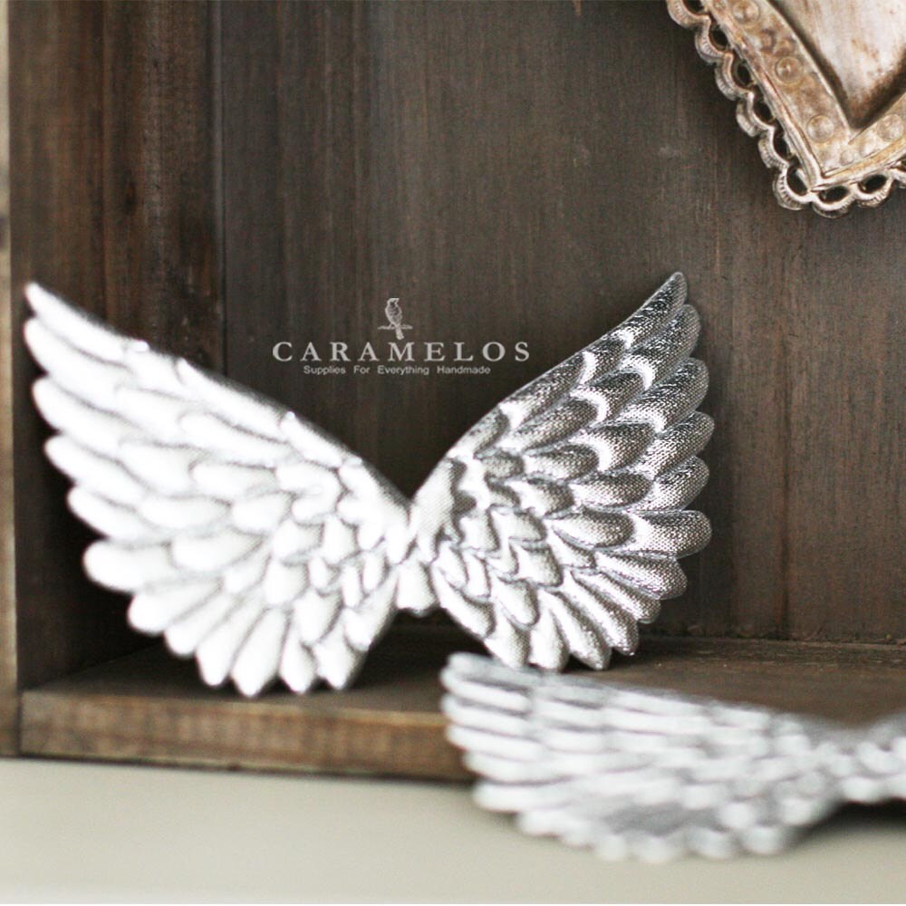 2 Silver Embossed Fabric Angel Wings 4.75