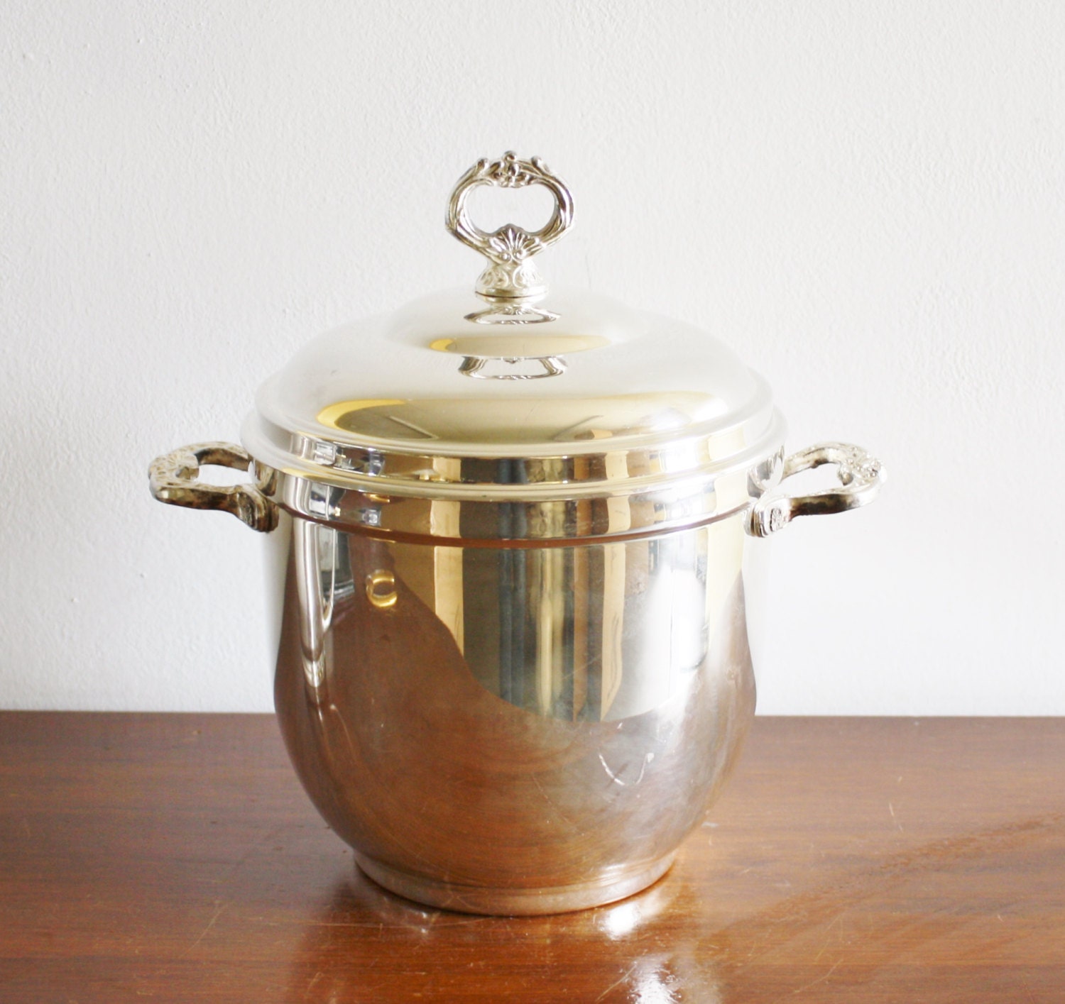 Vintage silver plated ice bucket and silver ice tongs
