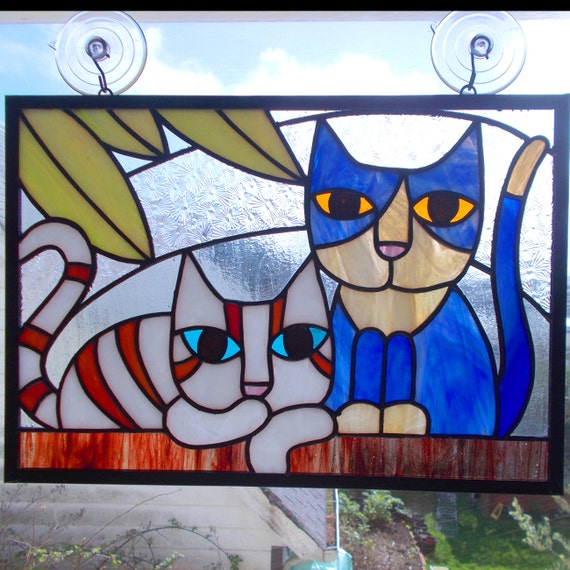 Stained Glass Panel Two Cats On A Wall by helixartandglass on Etsy