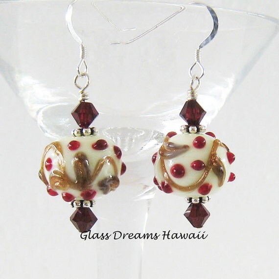 Holiday Glass Dangle Earrings, Festive Glass Dangle Earrings, Hawaii Lampwork Glass, Decorative Lampwork Beads, Handmade Handmade Lampwork