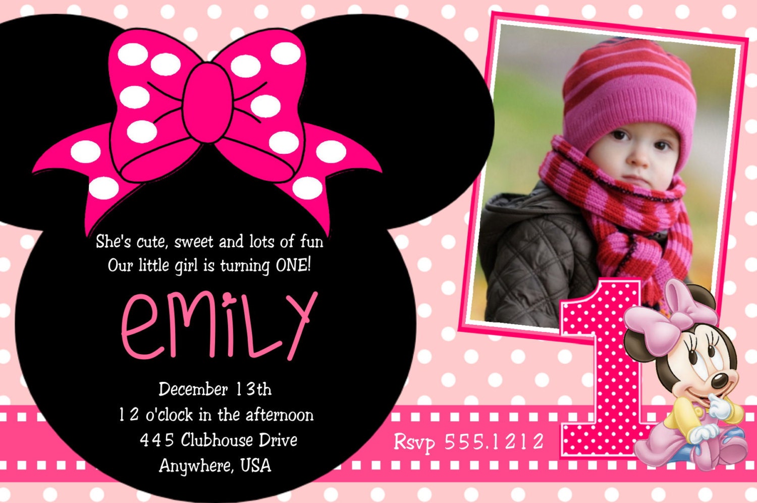 Minnie Mouse 1st Birthday Invitations Printable Digital File