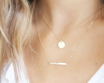 Gold Necklace, Double Strand Initial Necklace, Silver or Gold Layered Necklace, Layered Necklace set of 2, Personalized Necklace, Gold Bar