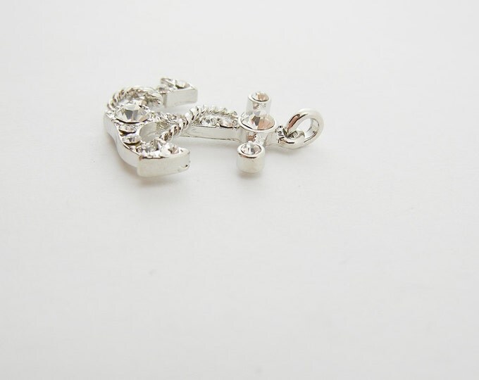 Small Nautical Anchor Pendant Silver-tone Rhinestones