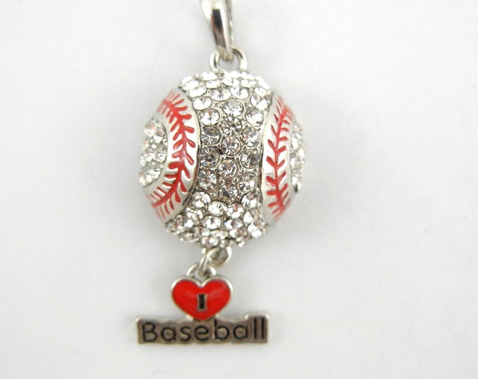 Rhinestone Encrusted I Love Baseball Pendant