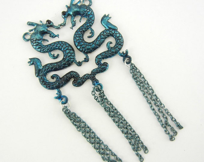 Double Link Turquoise Blue Washed Silver-tone Chinese Dragons Pendant with Tassels