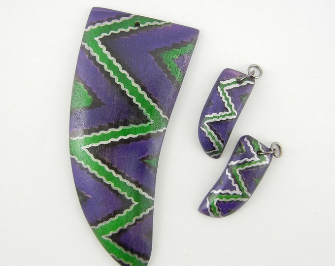 Set of Purple Wooden Horn or Claw Shaped Pendant and Charms Tribal Print