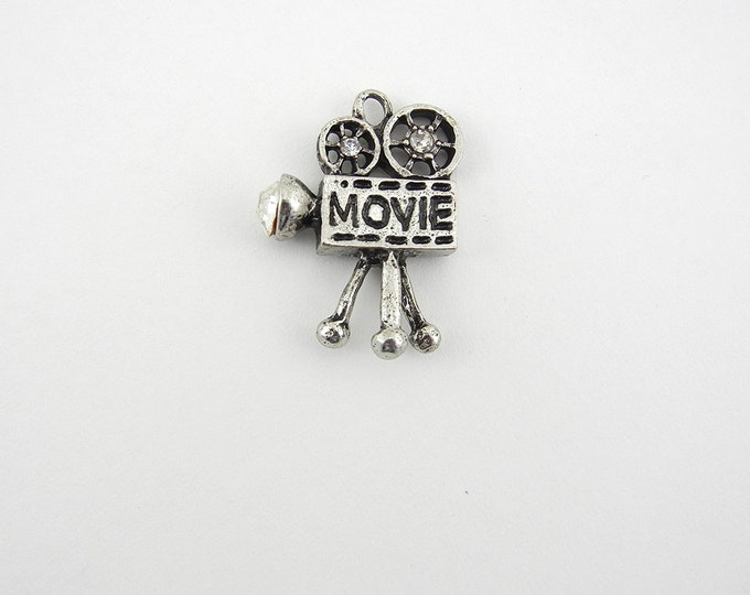 Antique Silver-tone Movie Camera Charm with Rhinestone Accents