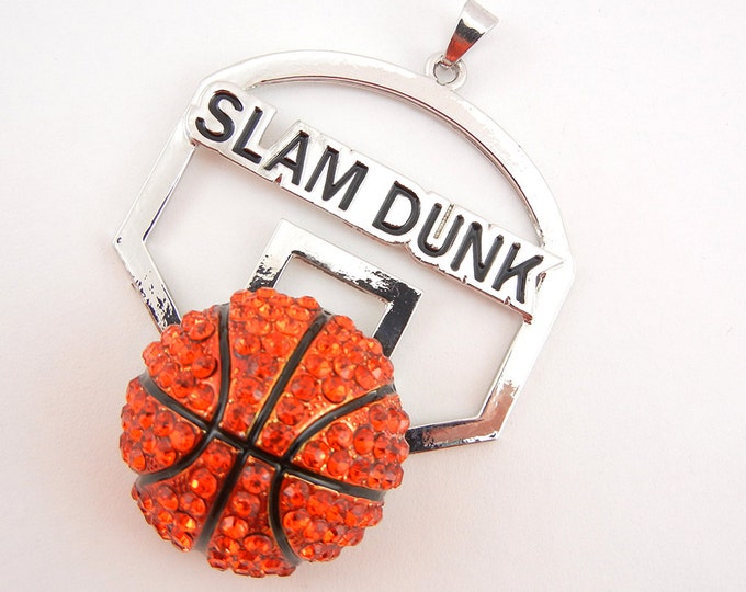 Large Slam Dunk Basketball Pendant Orange Rhinestones