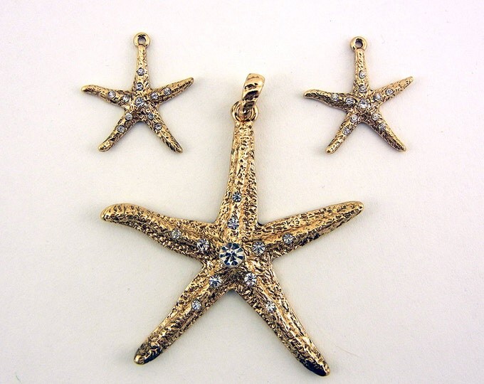 Set of Antique Gold-tone Rhinestone Accented Starfish Pendant and Charms