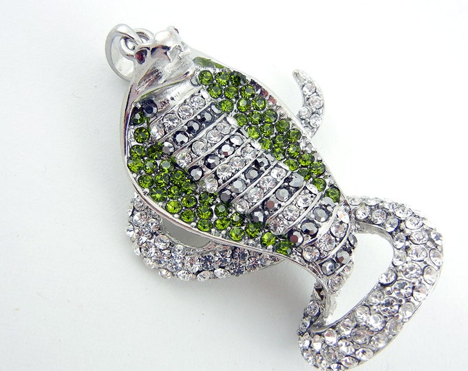 Large Cobra Snake Pendant Silver-tone with Green, Hematite and Clear Rhinestones