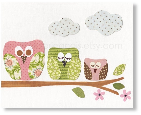 Owls pink green nursery art - nursery decor - baby nursery print - kids art - kids room decor - Owl - Bird - Les Hiboux print from Paris by GalerieAnais