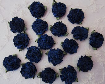 18 pc NAVY BLUE Rose Satin Ribbon Fabric Flower Applique DIY Bridal Wedding Baby Doll Carnation Cabbage Rose Bow #1 color