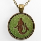 Mermaid Pendant Necklace - Engraved Wooden Cameo (Metallic Green)