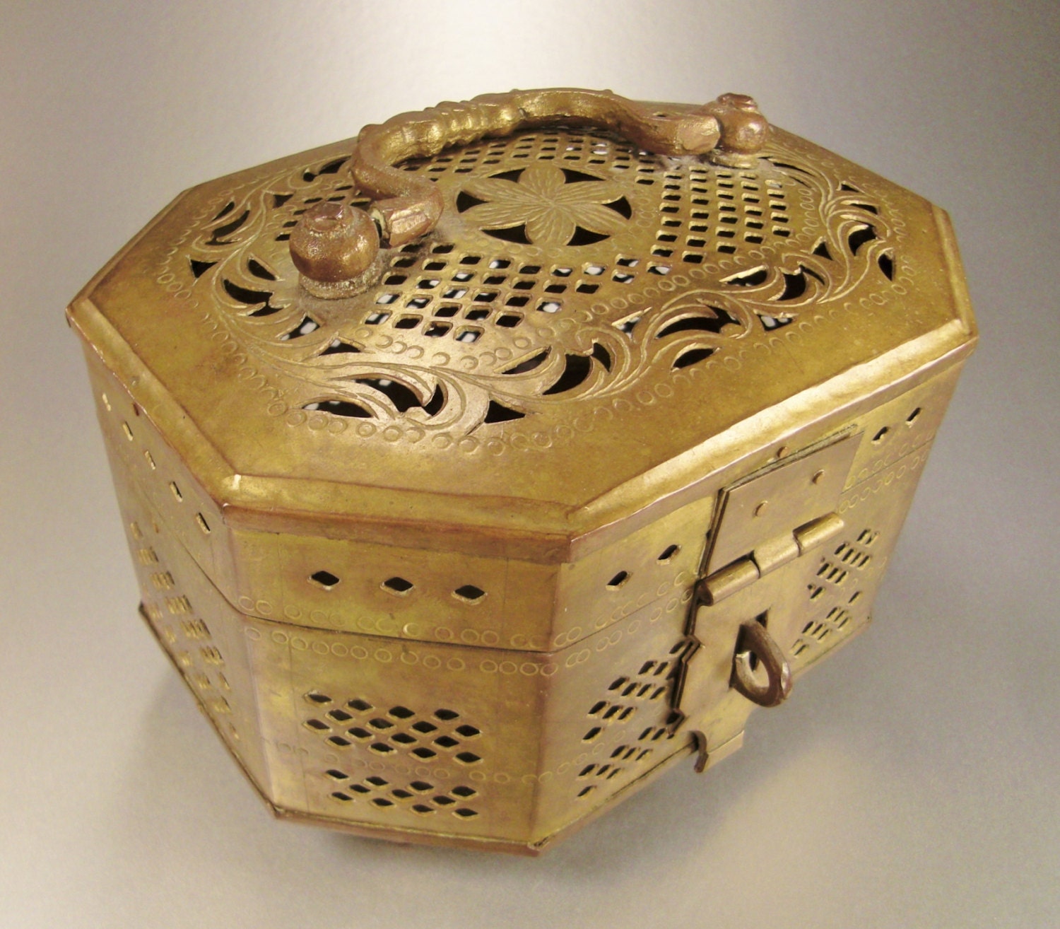 BRASS JEWELRY BOX Metal Brass with handle floral perforated