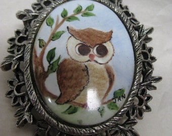 Owl Porcelain Brooch Silver Vintage Bird Pin