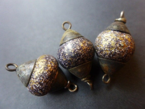 Crusty Glam. 3 dark polymer clay artisan bead links with gold and black speckles and oxidized brass cone caps.