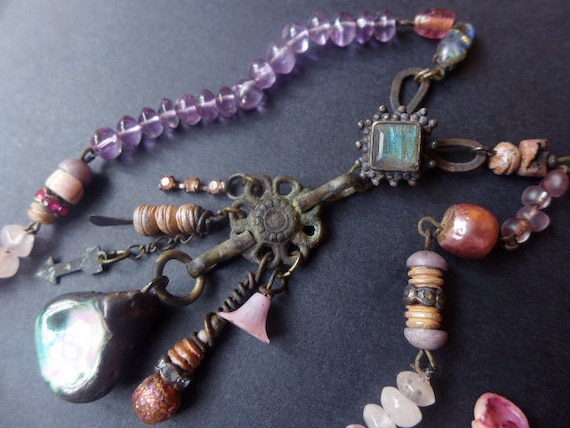 Circle of Compassion. Rustic assemblage choker with amethyst, rose quartz, labradorite and recycled elements.