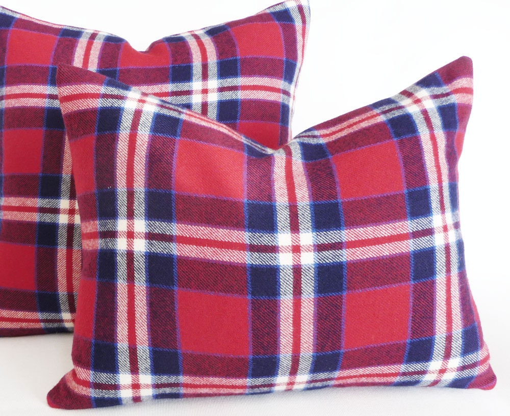 Holiday Pillows Red Plaid Pillow Cover Red Blue White Wool