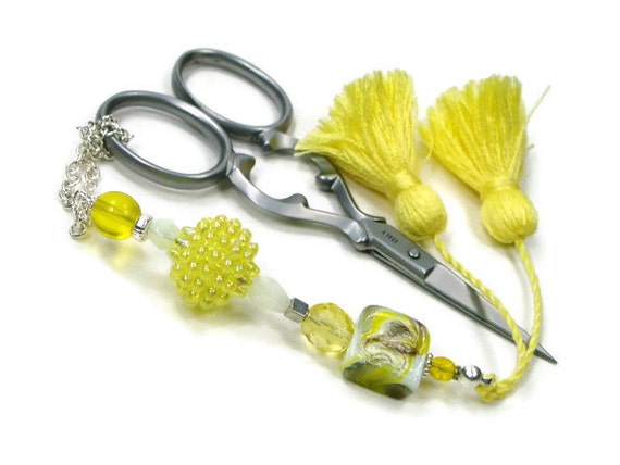 Yellow Scissor Fob Beaded Handmade Cross Stitch by TJBdesigns