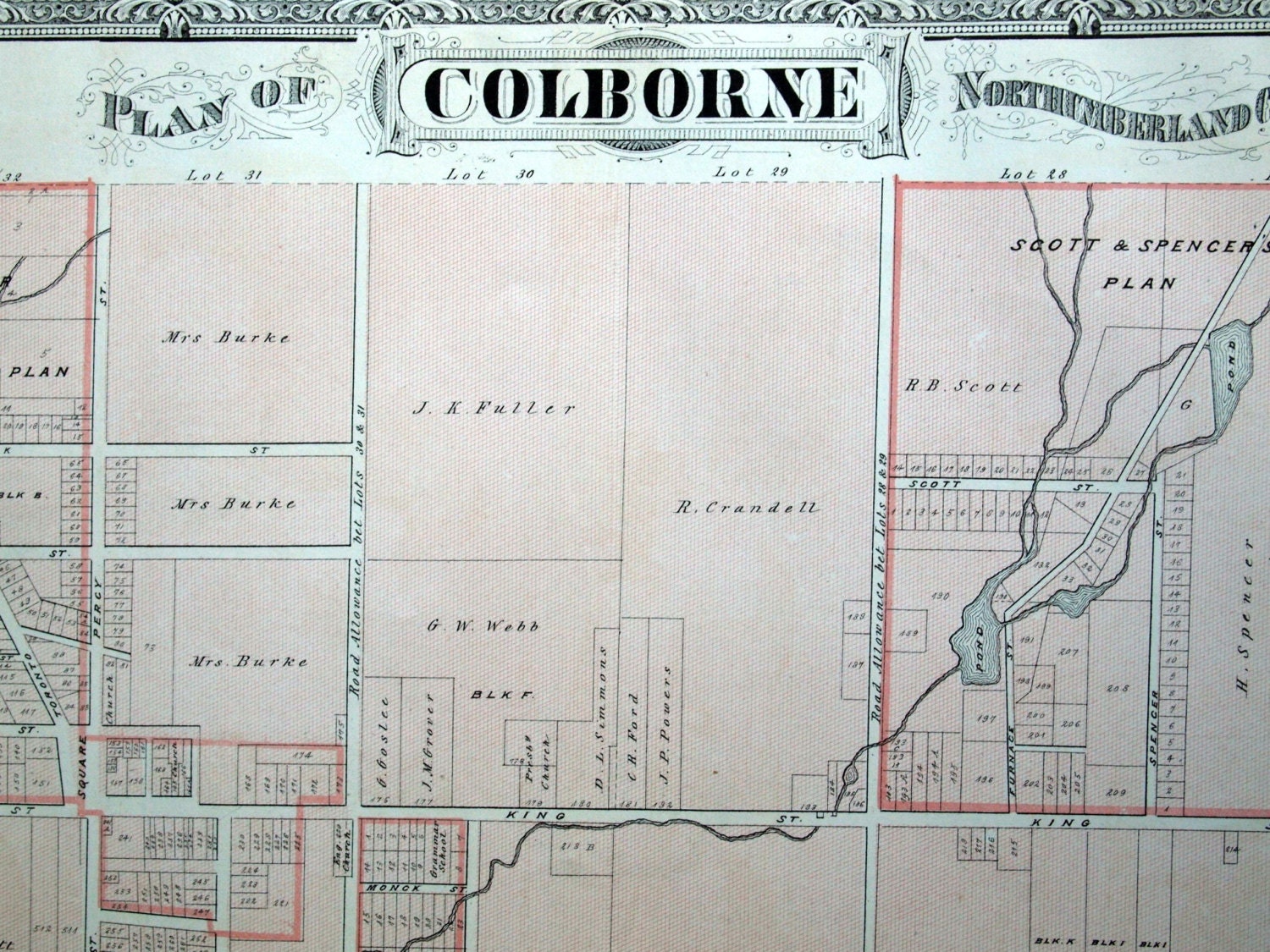 1878 Large Rare Vintage Map of Colborne Ontario Canada. WIth