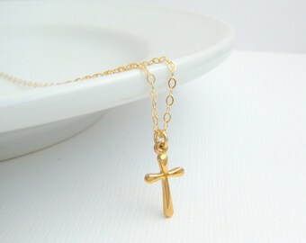 tiny gold cross necklace. small rounded cross. 14k gold filled 14 k. simple everyday Christian jewelry. dainty delicate pendant gift 1/2"