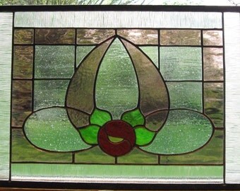 Sale Pink Rose Stained Glass window Panel antique frame antique style muffle glass, sun catcher, 10.5" x 13.5" rectangle