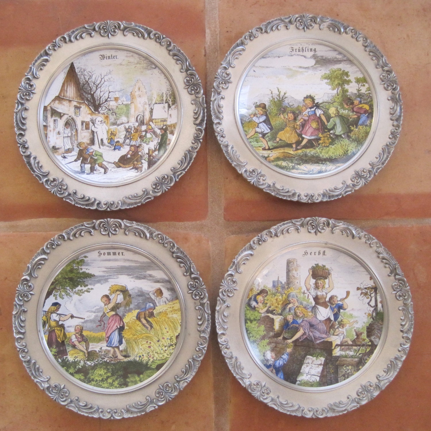 Four Seasons Plate Set Made in Germany Porcelain in Pewter