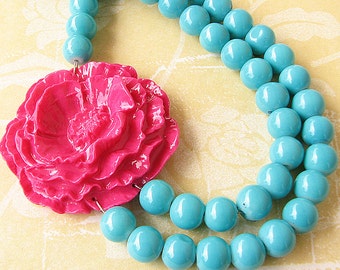 Flower Necklace Turquoise Jewelry Statement Necklace Beaded Necklace Fuchsia Jewelry Gift For Her