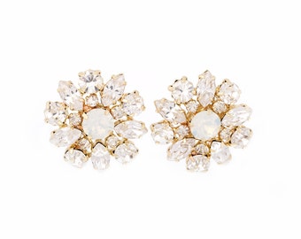 Wedding Earrings, Gold Bridal Earrings, Crystal Earrings, Stud Rhinestone Earrings, White Opal Crystals , Wedding jewelry