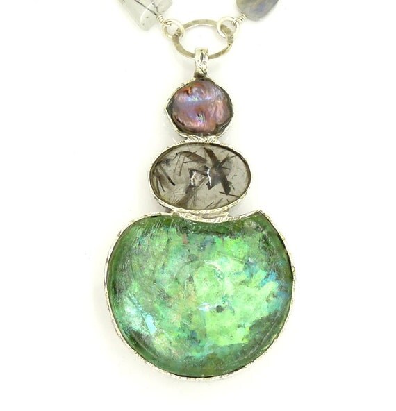 One of a kind necklace rare roman glass labradorite by Hadas1951