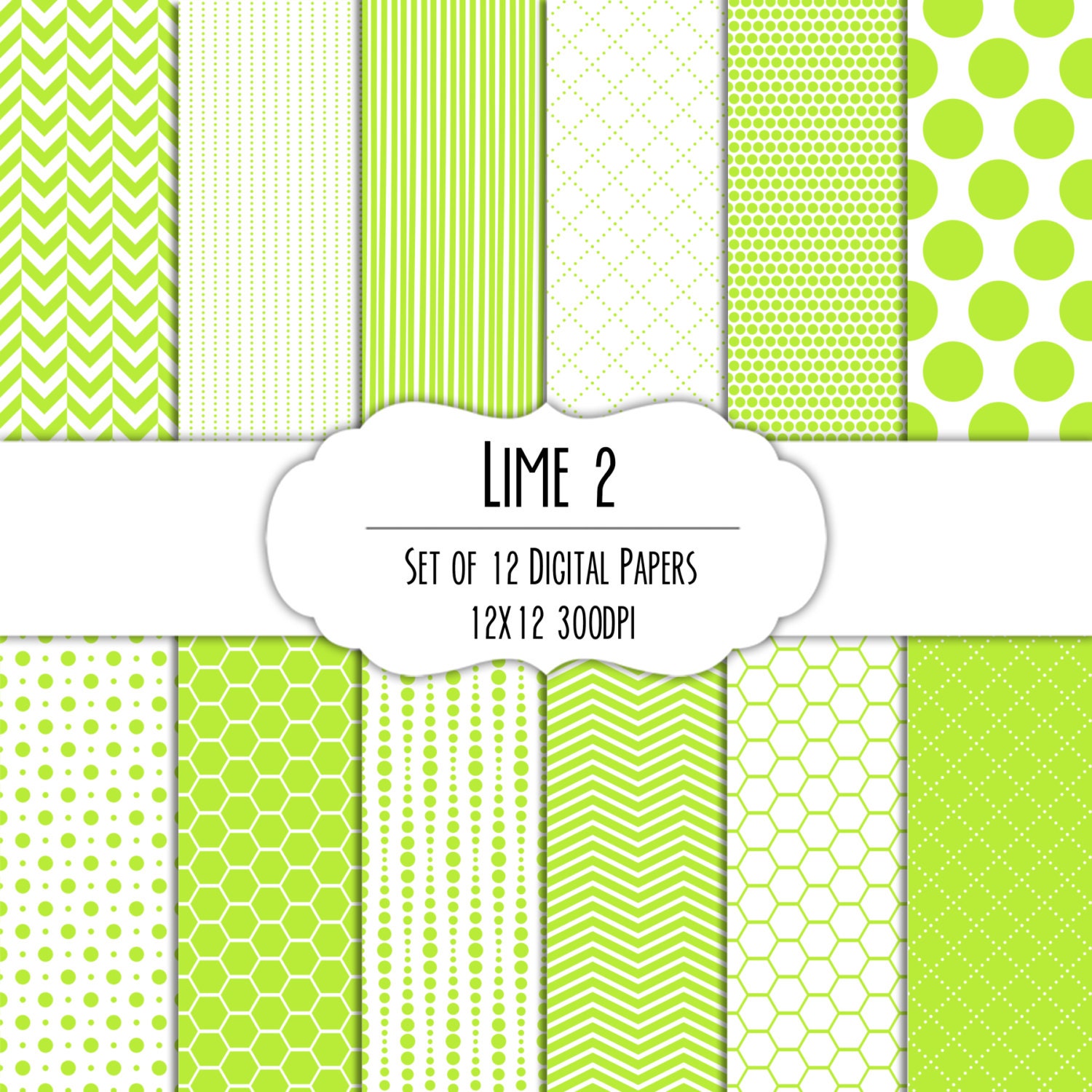 Lime Green 2 Digital Scrapbook Paper 12x12 Pack Set of 12