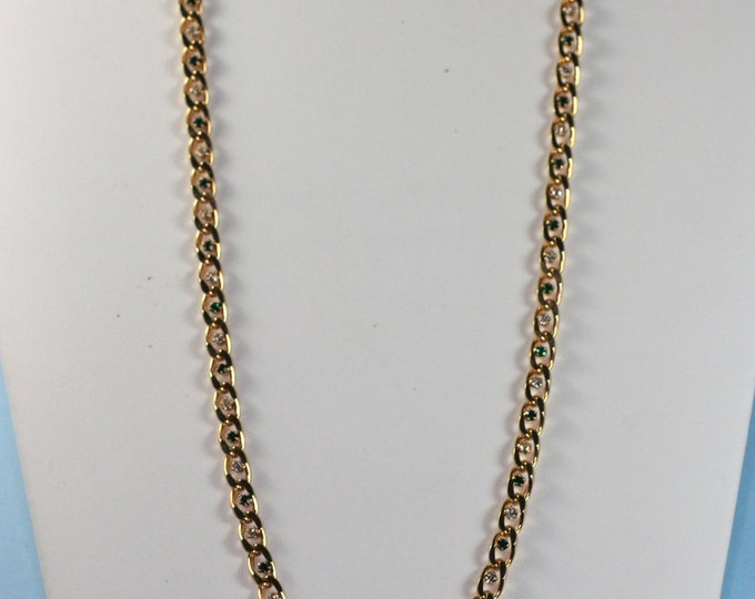 Green and Clear Rhinestone Necklace Curb Link Chain Gold Tone Vintage