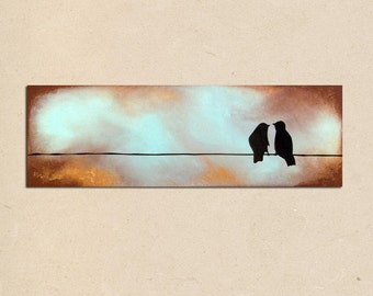 earthy art, original modern contemporary love birds acrylic PAINTING canvas, textured birds on a wire art - anniversary gift - 36 x 12
