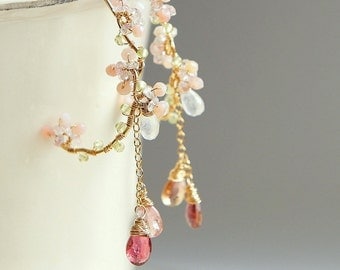 Cherry Blossoms Earrings, Pink Tourmaline Chandelier Hoop, Sakura Wedding Japanese Jewelry