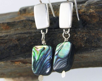 Abalone Shell Sterling Silver Earrings, Rectangle Earrings