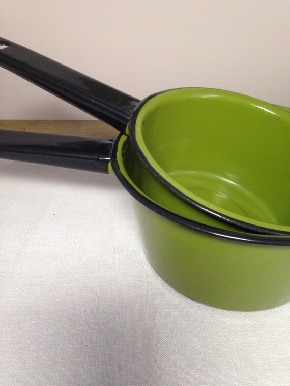 Vintage Green Enamel Pan Set Saucepan Metal 1970s Pot