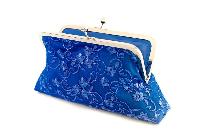 Royal Blue Wedding Purse Clutch Satin Lace Romantic Floral