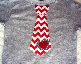 Boys Valentine Tie Shirt- Boys Valentine Shirt -Toddler Valentines Day Shirt- Chevron and Polka Dots on a Heather Grey Shirt