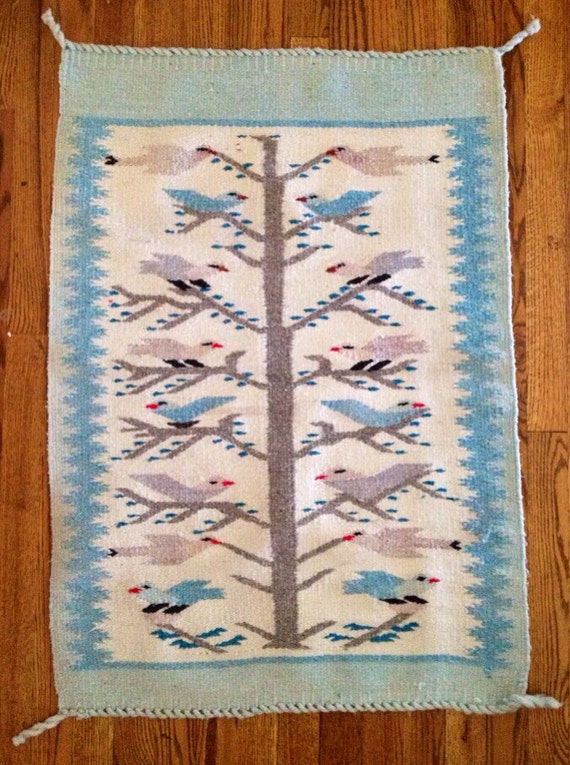 Woven Wool Mexican Tapestry/Rug Birds In A Tree