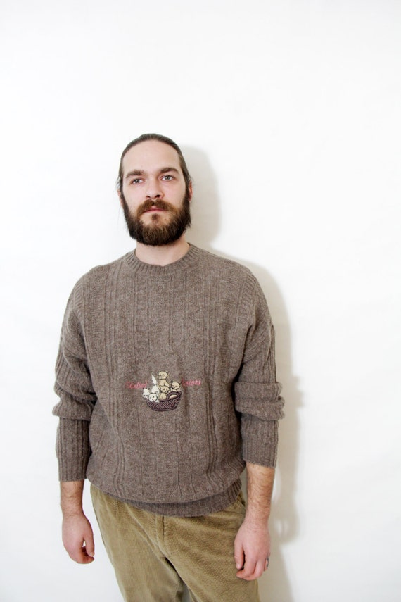 Vintage sweater / Benetton Shetland wool sweater / basket full of cats 