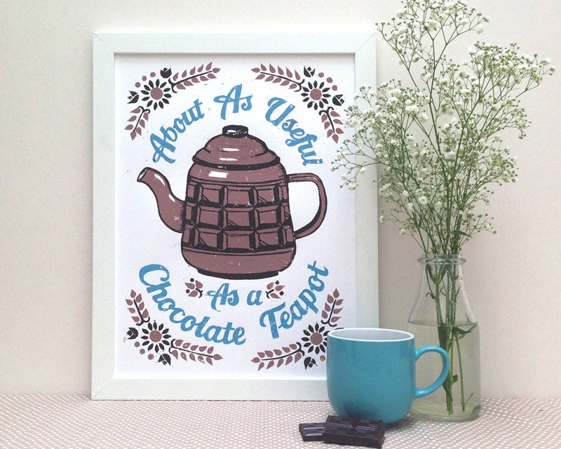 Linocut As Useful as a Chocolate Teapot Kitchen Print Kitchen