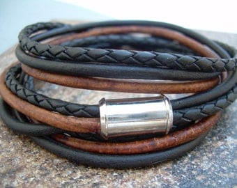 Substantial Thick Triple Wrap Leather Bracelet with Stainless