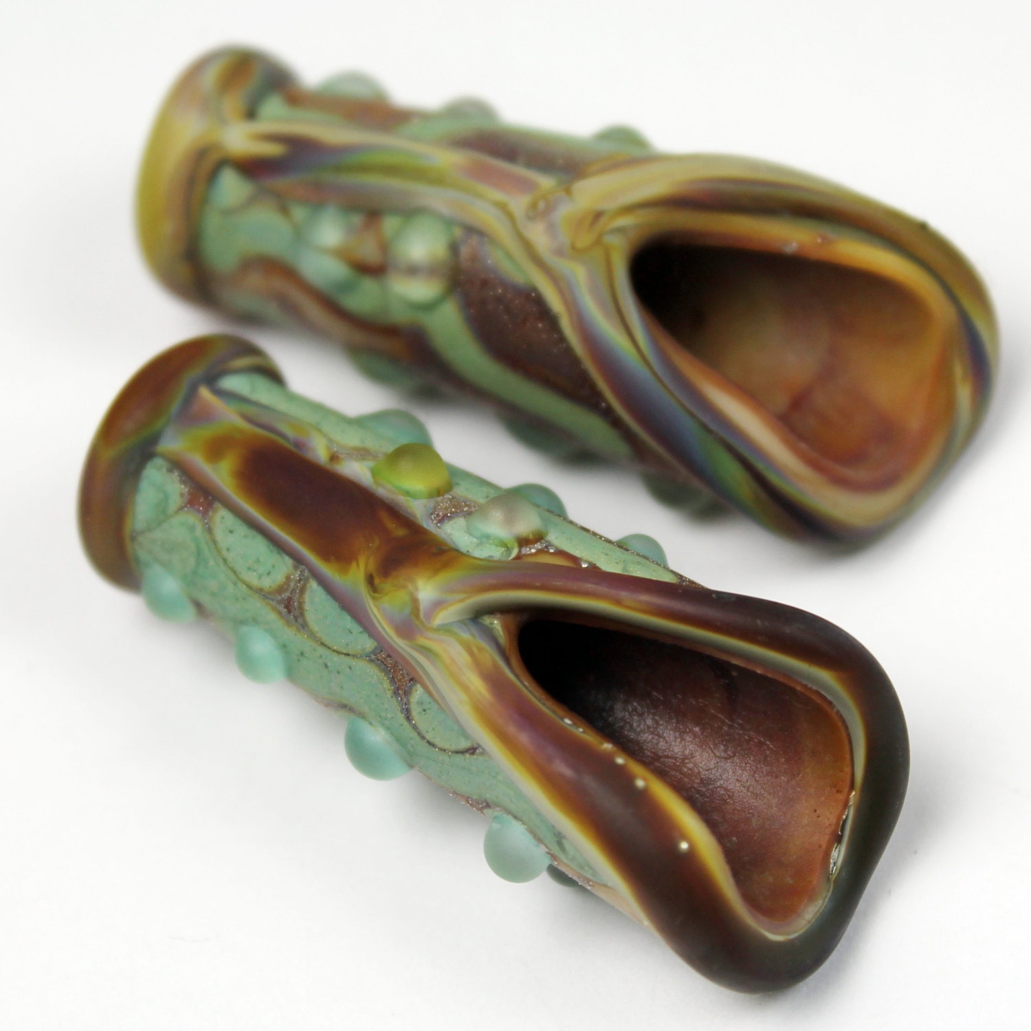 Rustic Glass Bead Cones SRA Lampwork Glass Etched Matte Green