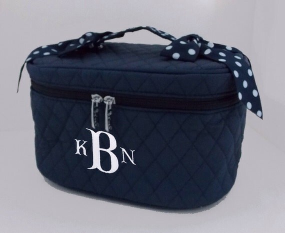 Personalized Cosmetic Train Case Navy With Navy and White Polka Dotted Trim-Monogram Included