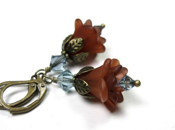 Flower Earrings, Blue and Brown, Swarovski Crystal Jewelry, Gifts for Gardeners, Botanical Jewelry, Lucite Flower Earrings, Gifts for Mom