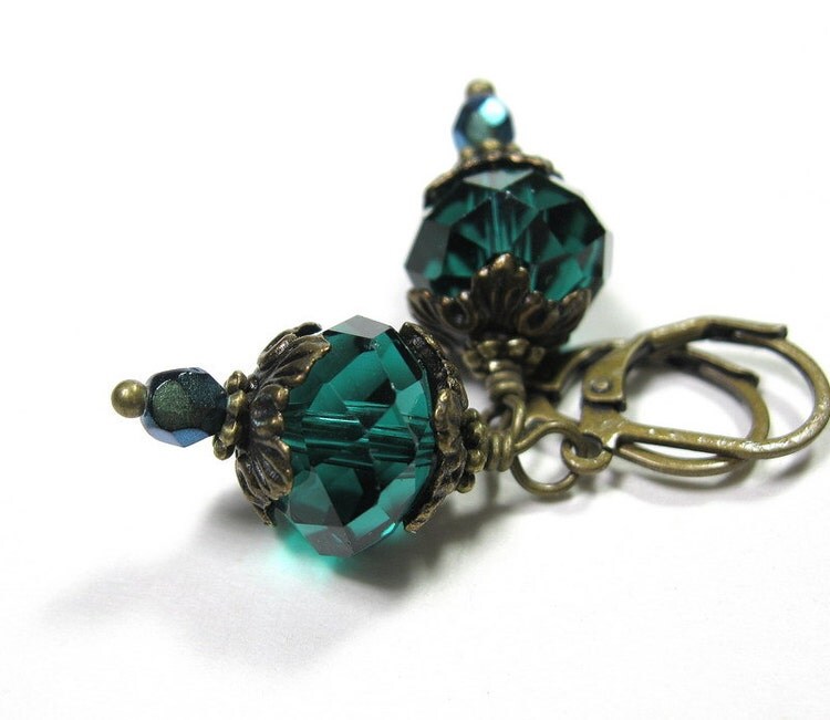 Teal Victorian Style Czech Glass Dangle Earrings By Jewelrybynala