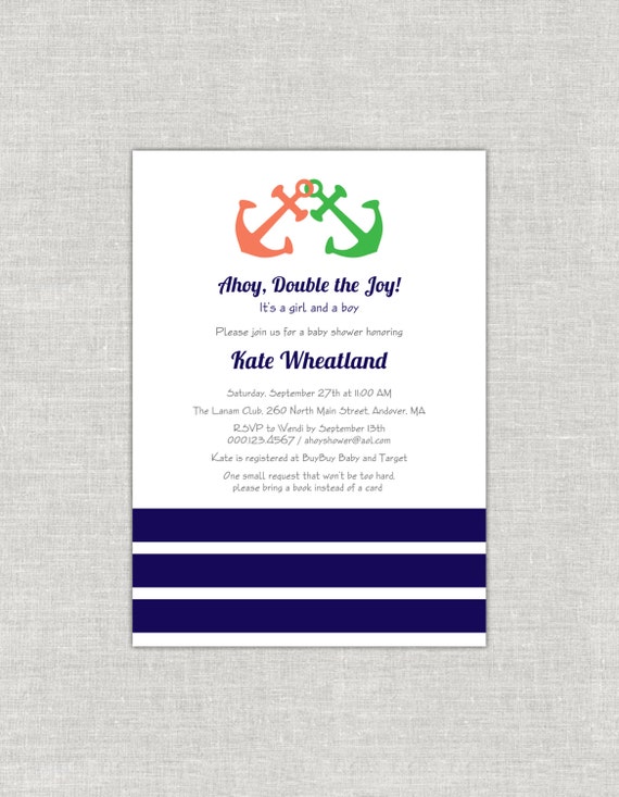 Ahoy Double the Joy Nautical Twins Baby Shower Invitation Anchor Coral Kelly Green Navy Blue Gray Il_570xn